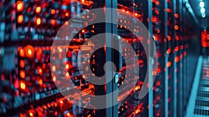 Server room blinking red lights showing big data processing