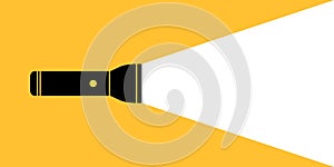 Flashlight with beam. Icon of flashlight with light and background for text. Silhouette of lamp with beam. Vector illustration