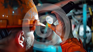 A flashlight being used to check for any defects on a workers hard hat such as cracks or dents