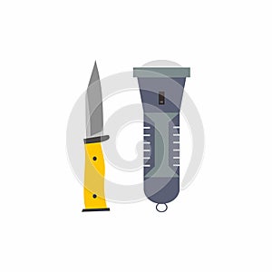 Flashlight and knife camping equipment icons. Summer hiking activity theme isolated on white background. Camping backpack and