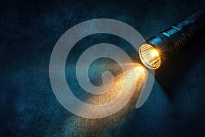 A flashlight is lit up on a dark blue surface