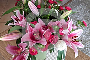 Flashpoint pink and white Oriental Trumpet Lily closeup