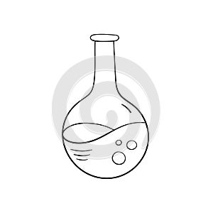Flask icon in doodle style, vector illustration. Chemistry laboratory tube for study and experiment, hand drawn symbol