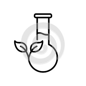 Flask with Leaf Equipment for Chemical Science Line Icon. Biology Plant Research Experiment in Laboratory Pictogram