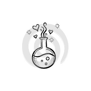 Flask with magic potion hand drawn sketch icon.