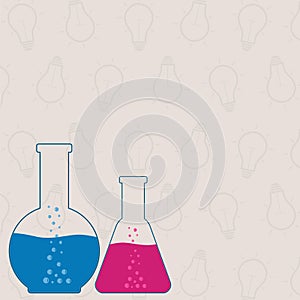 Flasks beakers, chemical laboratory equipment on gray background