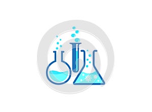 Flasks Lab Beakers with a chemical substance inside make Bubbles icon research vector logo design a symbol illustration on a white photo