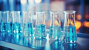 Flasks with liquid, chemical laboratory tests. Transparent glass test tubes. Flasks with chemical liquids background