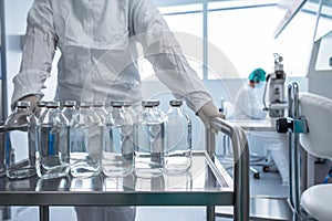 Flasks with liquids in a lab - Pharmaceutical industry factory