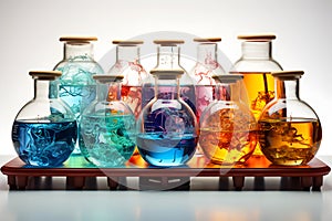 Flasks and test tubes with multicolored liquid for chemistry biology samples lab at science laboratory