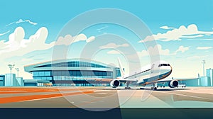 Flat 2D illustration, copy space, Airport Terminal building with aircraft taking off. Vector illustration, airport landscape