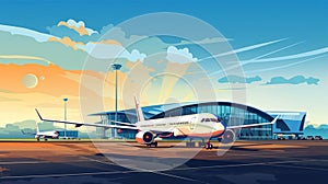 Flat 2D illustration, copy space, Airport Terminal building with aircraft taking off. Vector illustration, airport landscape.