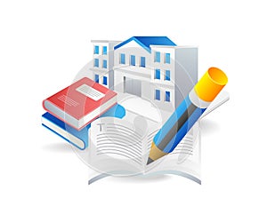 flat 3d concept illustration of school building and learning book symbol