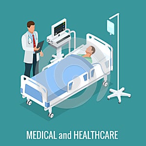 Flat 3D illustration Isometric interior of hospital room. Doctors treating the patient. Hospital clinic interior