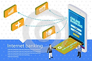 Flat 3d Internet banking vector banner. Modern mobile smartphone
