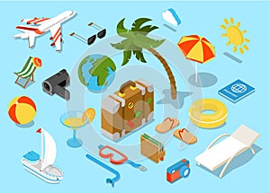 Flat 3d isomectric travel objects icon set