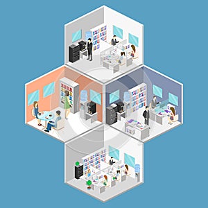 Flat 3d isometric abstract office floor interior departments concept . People working in offices.