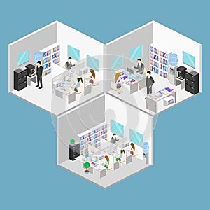 Flat 3d isometric abstract office floor interior departments concept . People working in offices.