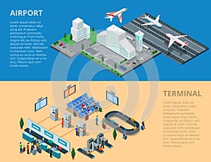 Flat 3d isometric airport terminal infographics ve