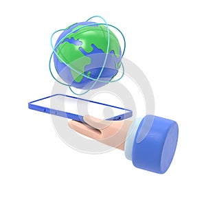 Flat 3d isometric businessman hand holding smartphone with world and global network. internet connection