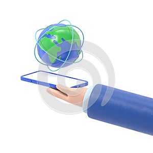 Flat 3d isometric businessman hand holding smartphone with world and global network. internet connection