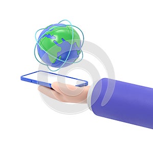 Flat 3d isometric businessman hand holding smartphone with world and global network. internet connection