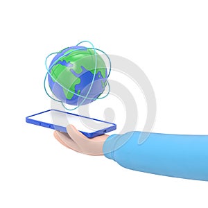 Flat 3d isometric businessman hand holding smartphone with world and global network. internet connection