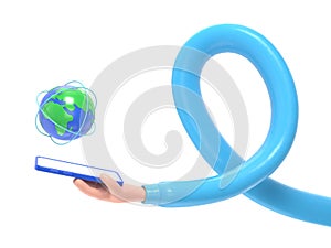 Flat 3d isometric businessman hand holding smartphone with world and global network. internet connection