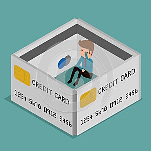 Flat 3D isometric. Businessman very upset .Credit card encircled. Debt concept.