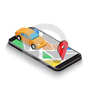 Flat 3d isometric car use gps map navigation application on smartphone. Mobile gps map navigation technology concept