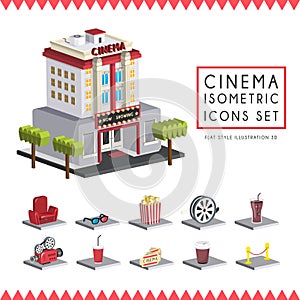 Flat 3d isometric cinema icons set illustration