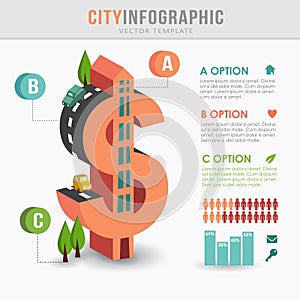 Flat 3D isometric city infrastructure infographics, dollar shape