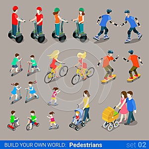 Flat 3d isometric city pedestrians on wheel transport icon set