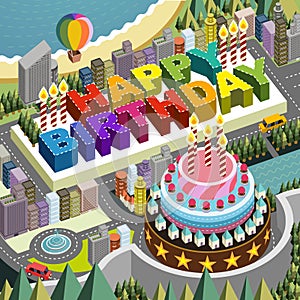 Flat 3d isometric city scenery with big birthday cake