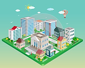 Flat 3d isometric city. Set of detailed isometric vector buildings