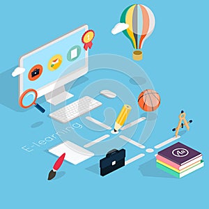 Flat 3d isometric concept of online education.