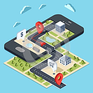 Flat 3d isometric creative mobile smart city navigation web infographics concept.