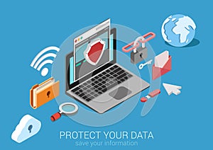 Flat 3d isometric data protection infographic concept vector