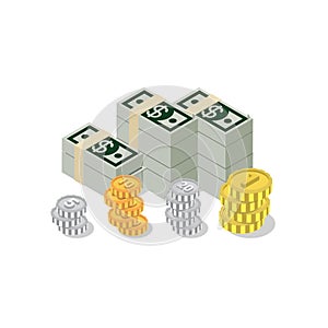 Flat 3d isometric dollar heap banknote coin web infographics