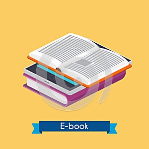 Flat 3d isometric e-book reader and books. Online reading. E-learning concept. Flat design modern vector illustration concept.