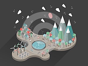 Flat 3d isometric ecology life at night illustration