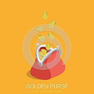 Flat 3d isometric golden purse coins wallet infographics