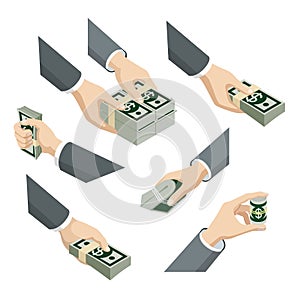 Flat 3d isometric hands with dollar notes packs: money give take