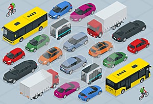 Flat 3d isometric high quality city transport car icon set. Bus, bicycle courier, Sedan, van, cargo truck, off-road