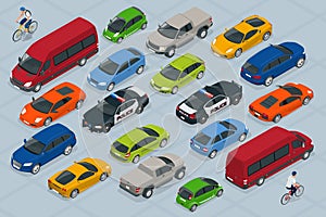 Flat 3d isometric high quality city transport car icon set. Car, van, cargo truck, off-road, bike, mini, sport car