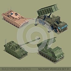 Flat 3d isometric high quality military vehicles icon set