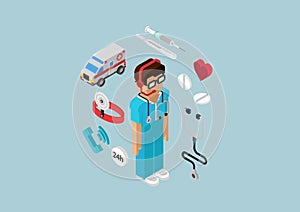 Flat 3d isometric infographic emergency ambulance service doctor