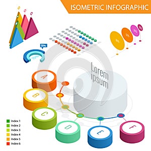 Flat 3d isometric infographic for your business presentations. Big set of infographics with data icons, world map charts