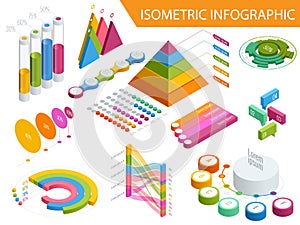 Flat 3d isometric infographic for your business presentations. Big set of infographics with data icons, world map charts