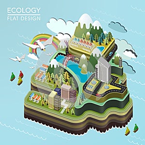 Flat 3d isometric lovely island landscape